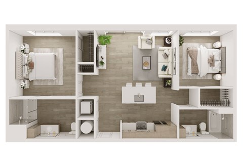 Floor plan for 2 beds, 2 baths, 957 sqft